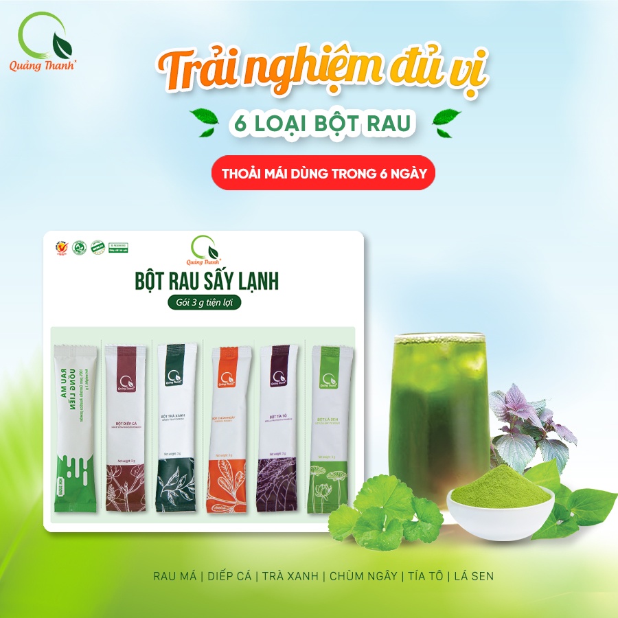 Vỉ Dùng Thử 6 Loại Bột Rau Quảng Thanh: Rau Má - Diếp Cá - Tía Tô - Lá Sen - Trà Xanh - Chùm Ngây (Nguyên Chất 100%)