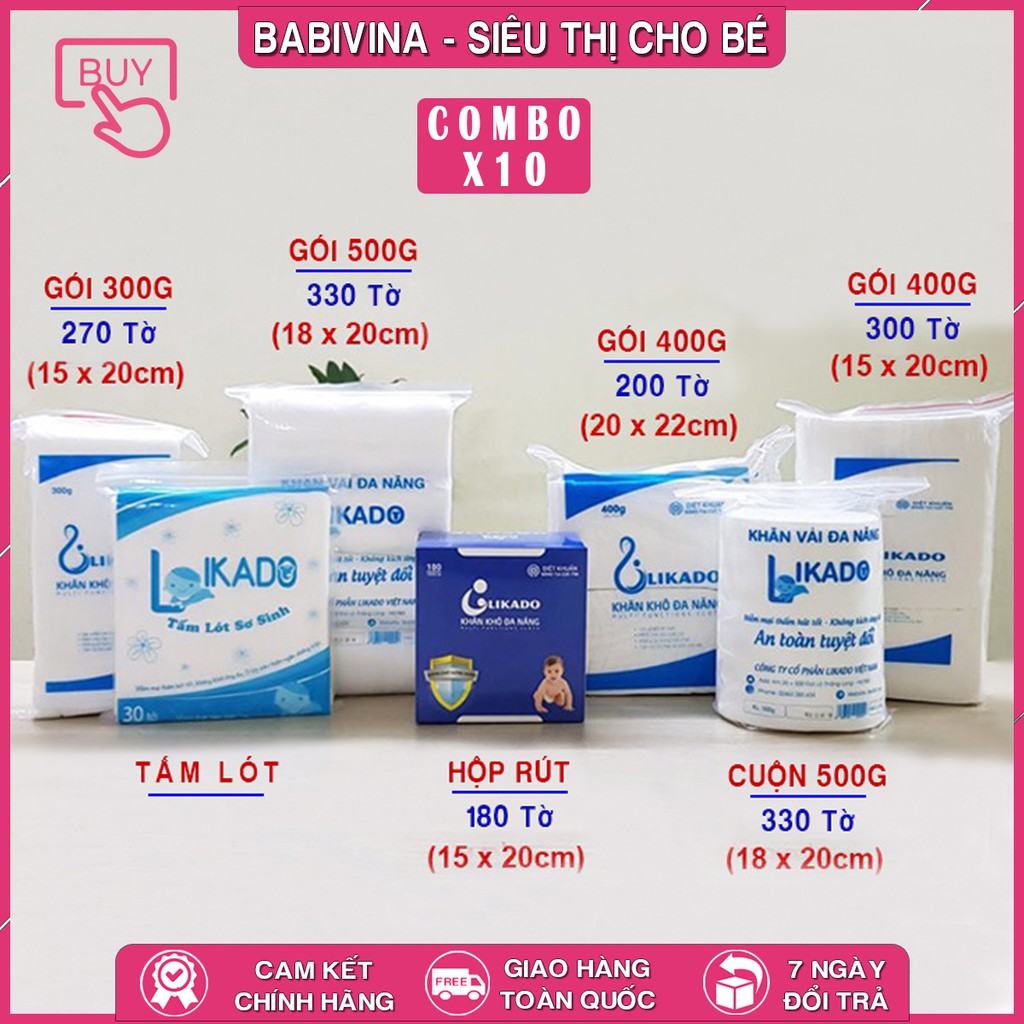 [CHÍNH HÃNG] Combo 10 Bịch Khăn Vải Đa Năng LIKADO 300g, 400g, 500g, 600g tấm lót likado Hàng Chính Hãng Mẫu Mới