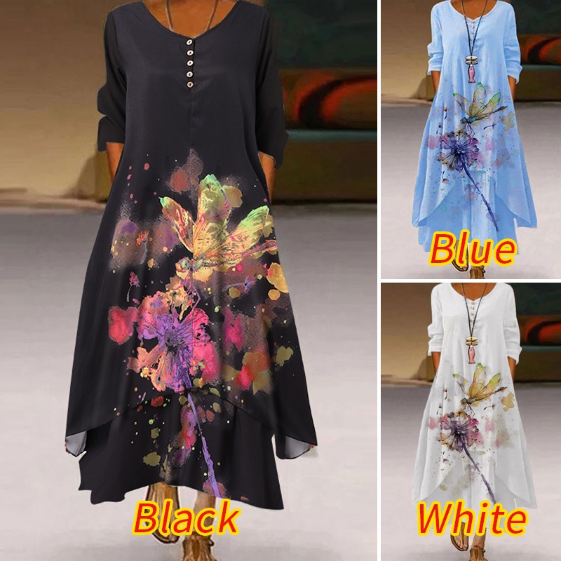 Đầm maxi Zanzea dáng chữ A tay dài cổ chữ V in họa tiết hoa phong cách Châu Âu cho nữ