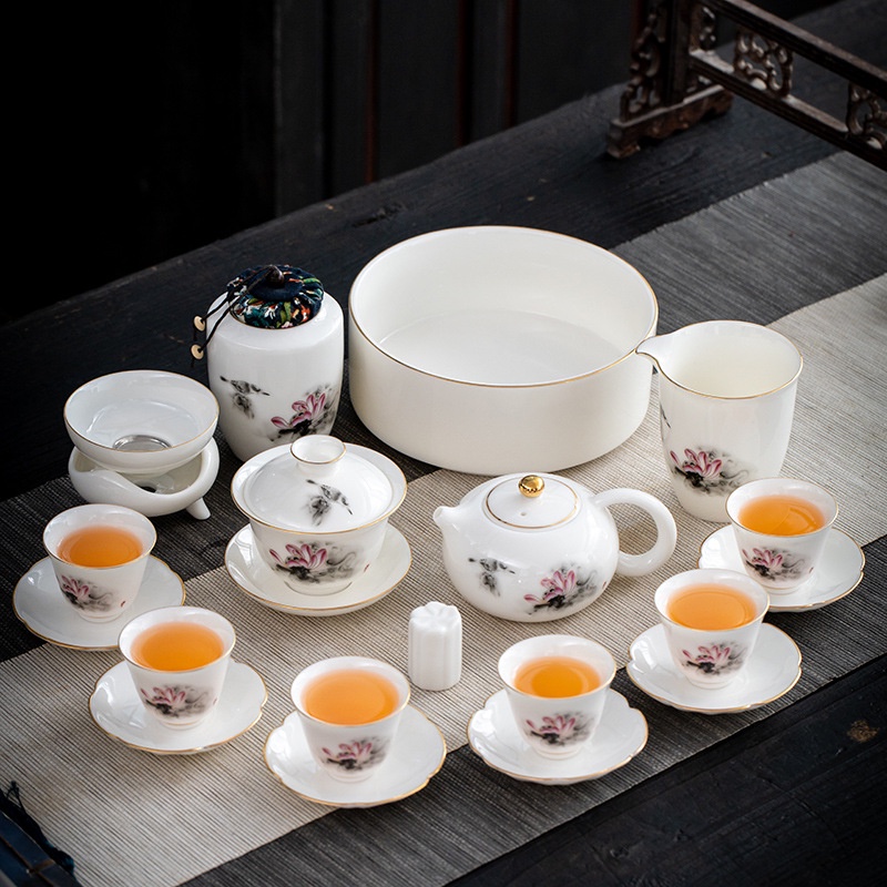 Bộ Ấm Chén Sứ Cảnh Đức Trấn Bằng Sứ Trắng Thanh Khiết Thấu Quang Họa Tiết Hoa Sen (Kèm Vali Sang Trọng Làm Quà Tặng)