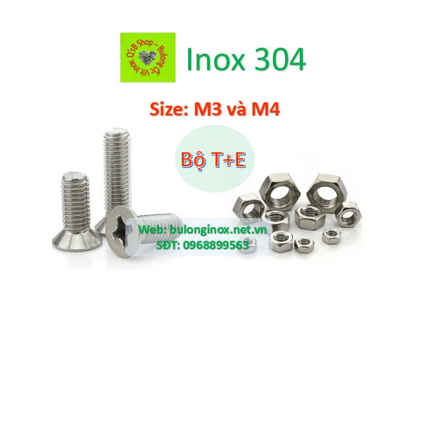 Vít pake đầu bằng inox size M3 và M4 (Bộ T+ecu) , ốc 4 cạnh đầu  non inox, ốc vặn tua vít đầu bằng thân bulong, inox 304