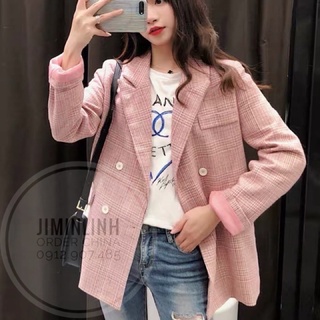 Ảnh thật/Order: Áo khoác Blazer kẻ Hồng cúc trắng Korea