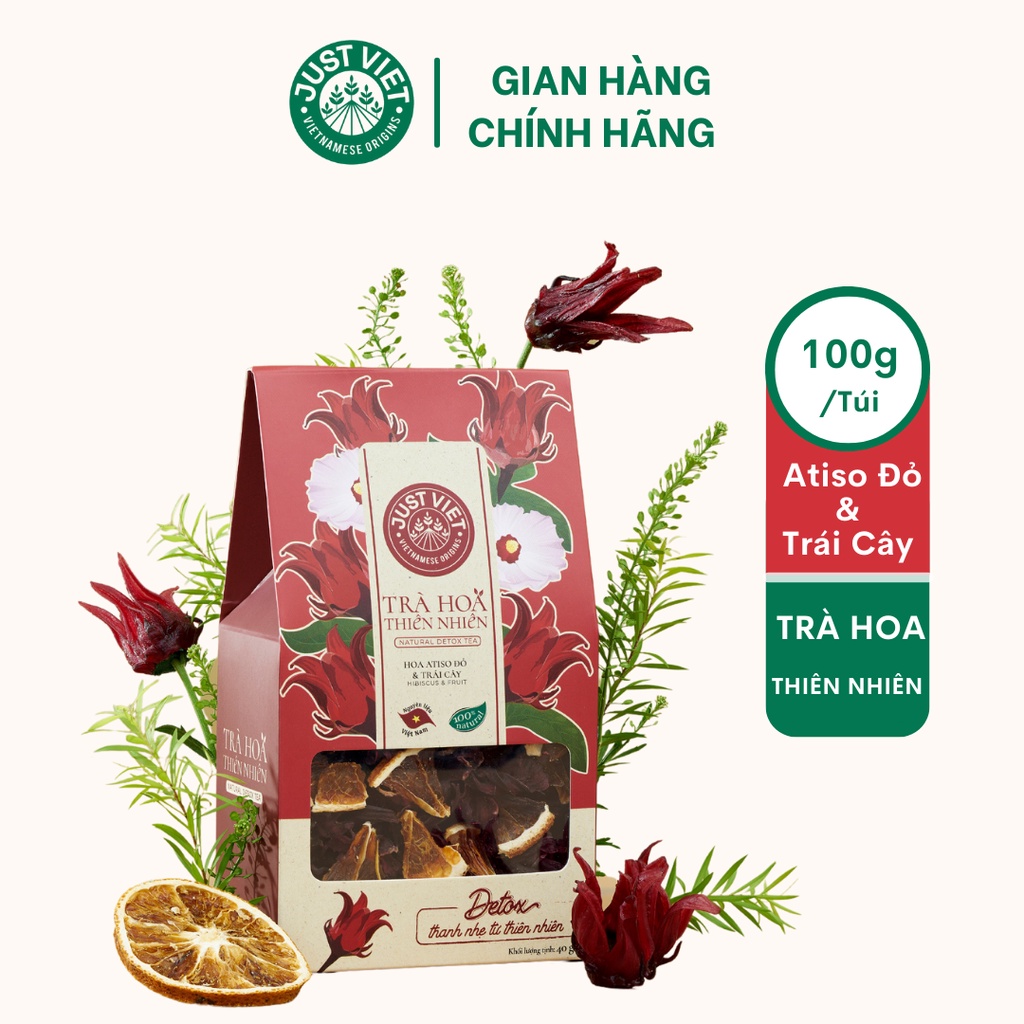 Trà Hoa Thiên Nhiên Detox Just Viet - Hoa Atiso Đỏ &amp; Trái Cây Sấy - Thanh Lọc - Tốt Cho Sức Khỏe