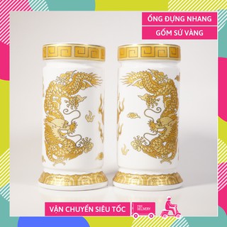 Ống nhang thờ cúng gốm sứ Song Long Rồng vàng phun ngọc trắng - Nhiều cỡ