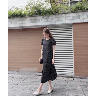 Set váy đen chấm bi cổ tròn đuôi cá dáng maxi