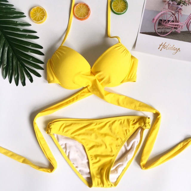 Bikini đi biển 2 mảnh dây chéo vàng tươi