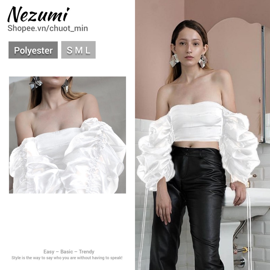 (Sẵn trắng) Áo croptop quây dài tay voan phồng đan dây lưng sexy phong cách Châu Âu, siêu quyến rũ đáng yêu