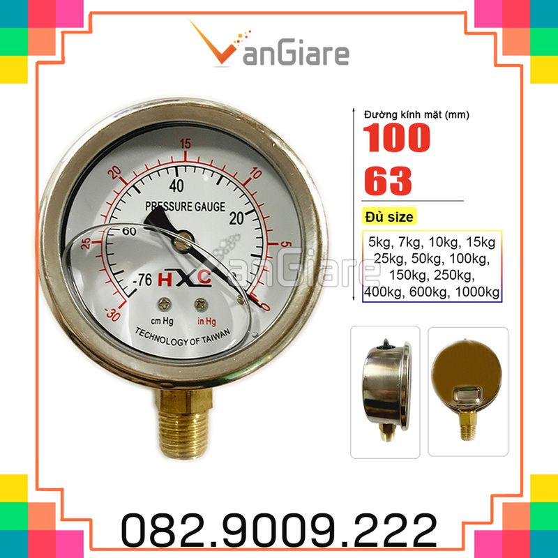 Đồng hồ đo áp suất chân không, nước, khí hơi, HXC -76cmHg 5kg 7kg 10kg 15kg 25kg 50kg 100kg 150kg 250kg 400kg