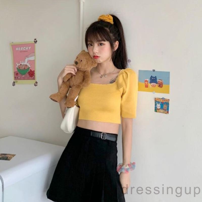 Áo Thun Tay Ngắn Cổ Vuông Màu Trơn Thiết Kế Độc Đáo Cá Tính Cho Nữ