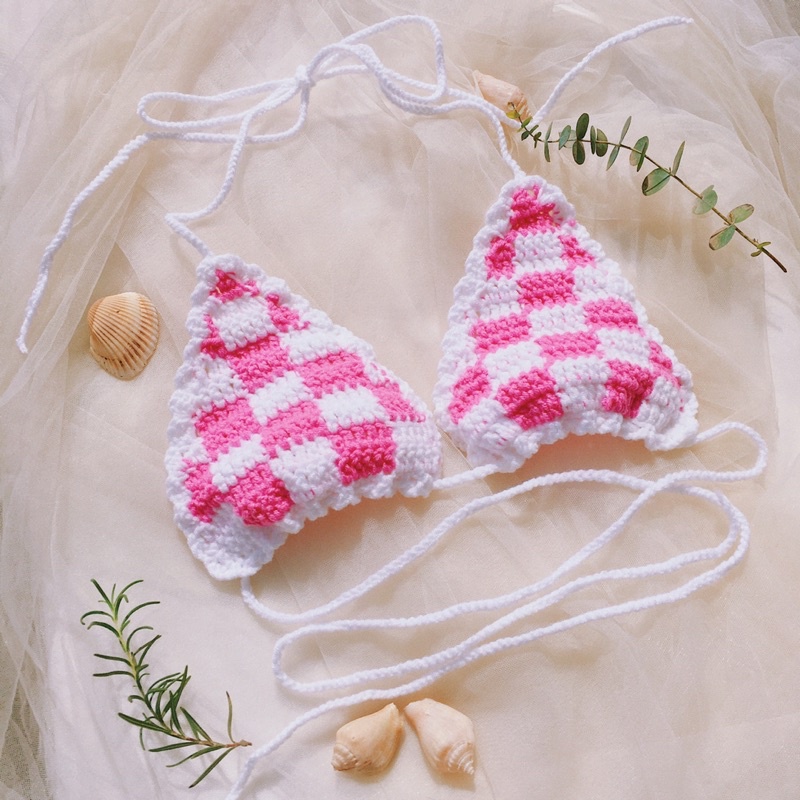 Set Bikini Caro Hồng Trắng, Bra Len Móc - xanhlanhes