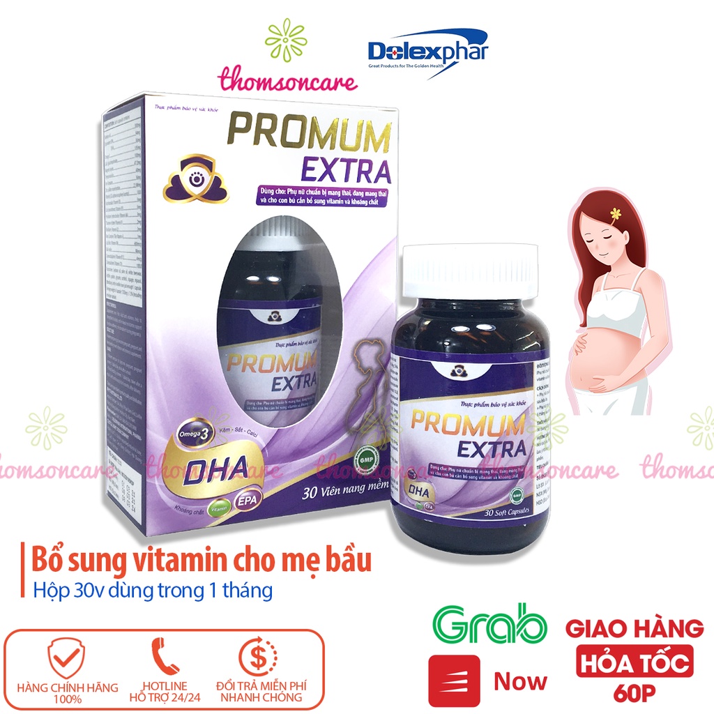 Vitamin tổng hợp cho bà bầu - Promum Extra, Lọ 30 viên từ dầu cá hồi, EPA, DHA, Omega, Canxi Acid Folic và sắt