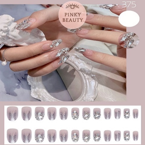 Bộ 24 Móng Giả Đính Đá Pinky Beauty Thời Trang Cá Tính Cho Nữ Mùa Lễ, Tết, Móng Tay Giả Kèm Keo Chính Hãng