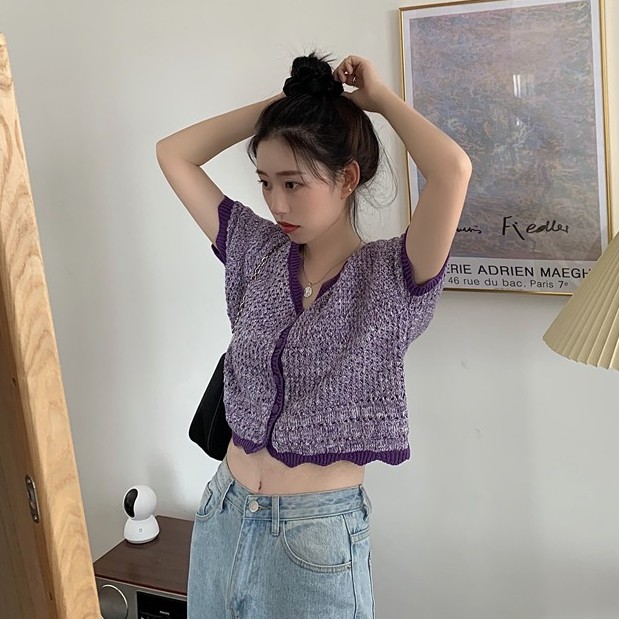 Xiaozhainv Áo dệt kim ngắn tay cổ chữ V phong cách Hàn Quốc thời trang mùa hè dành cho nữ