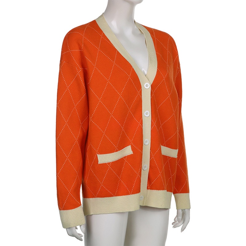 Xiangbao Áo Khoác Cardigan Dệt Kim Tay Dài Cổ Chữ V Cài Nút Họa Tiết Kẻ Sọc Màu Sắc Tương Phản Cho Nữ wi