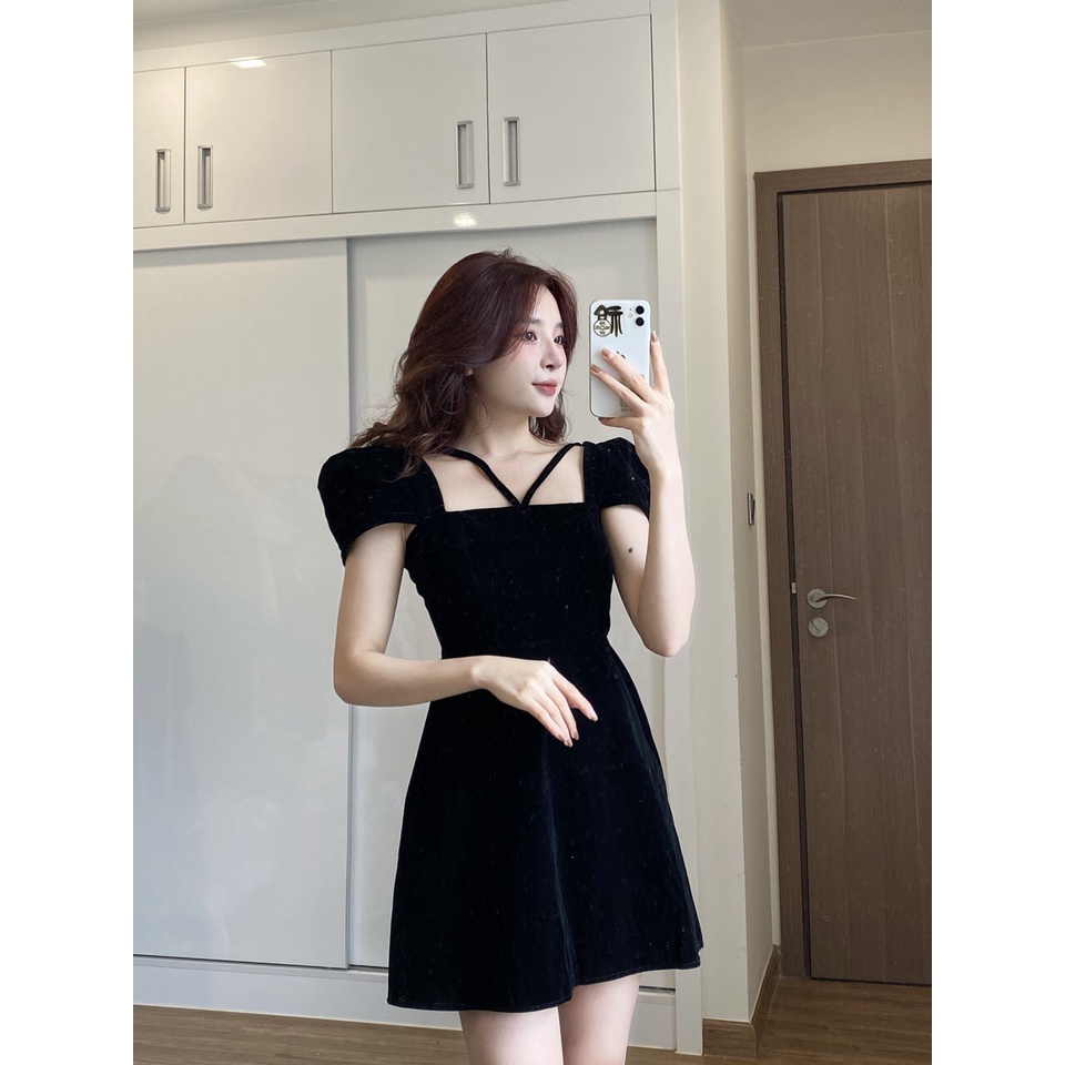 Váy nhung cổ vuông tay phồng sang chảnh, Đầm nữ dáng dài chất đẹp mặc tôn dáng