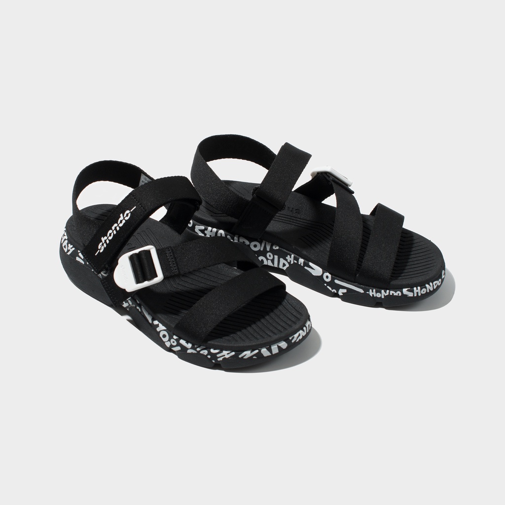 Giày Sandals Nam Nữ Unisex Shondo F7 Track Monogram Vẽ Tay Đen F7T1019