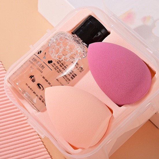 [Hàng mới về] Mút trang điểm hình giọt nước không chứa latex kèm nước rửa mút tiện dụng