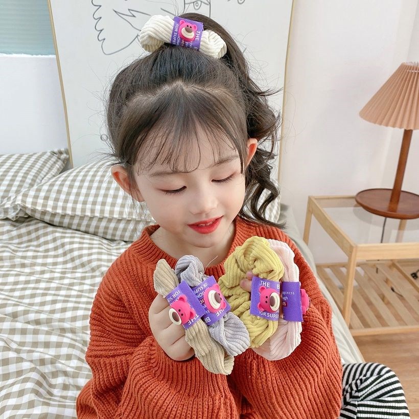 Dây cột tóc scrunchies vải len nhung họa tiết gấu mặt cười đáng yêu S14