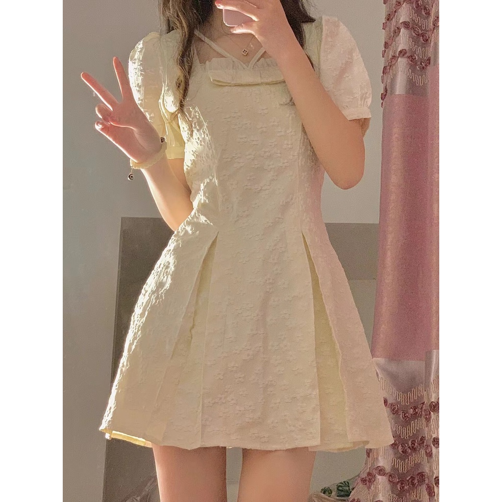 Đầm Chữ A Tay Phồng Cổ Vuông Thời Trang retro Pháp Cho Nữ