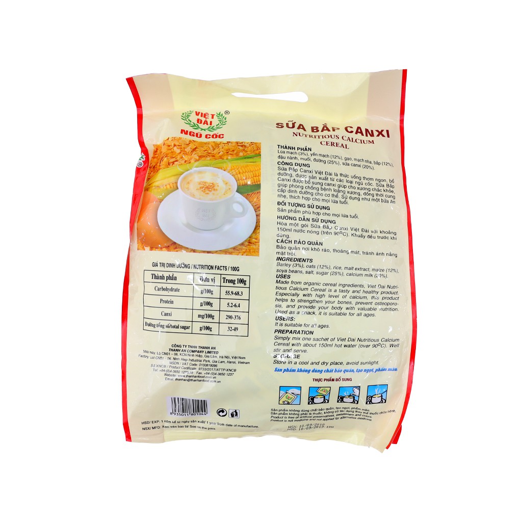 Sữa Bắp / Bột ngũ cốc Methi / Gạo lứt huyết rồng Ngũ Cốc Canxi Việt Đài 600G (20 gói x30G)