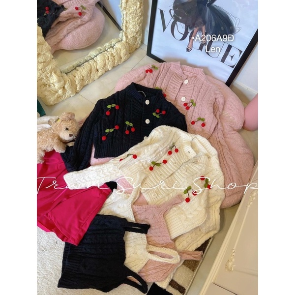Set áo khoác cardigan crotop len + áo bra 2 dây body đính quả cherry