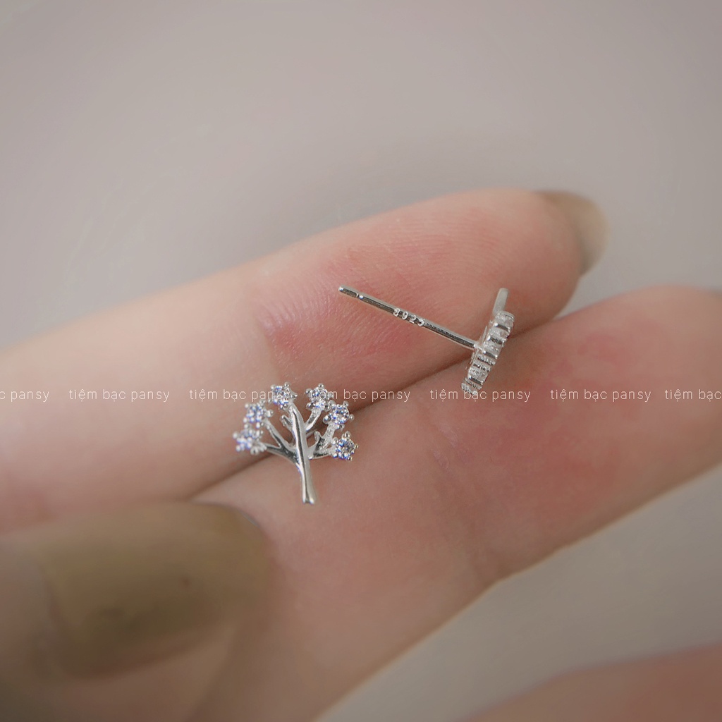 Bông tai bạc nữ PANSY hình nhánh cây đính đá, hoa tai bạc 925 The Tree phong cách Hàn Quốc