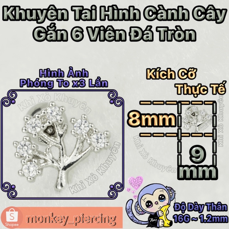 Khuyên Tai Gắn Đá Hình Cây - Lá - Hoa . Các Loại ( Giá Bán Là 1 Chiếc )