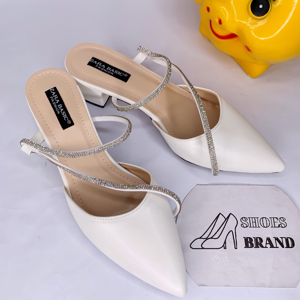 Sục nữ mũi nhọn, giày gót vuông phối dây đính hạt xoàn sang chảnh - MÃ C04