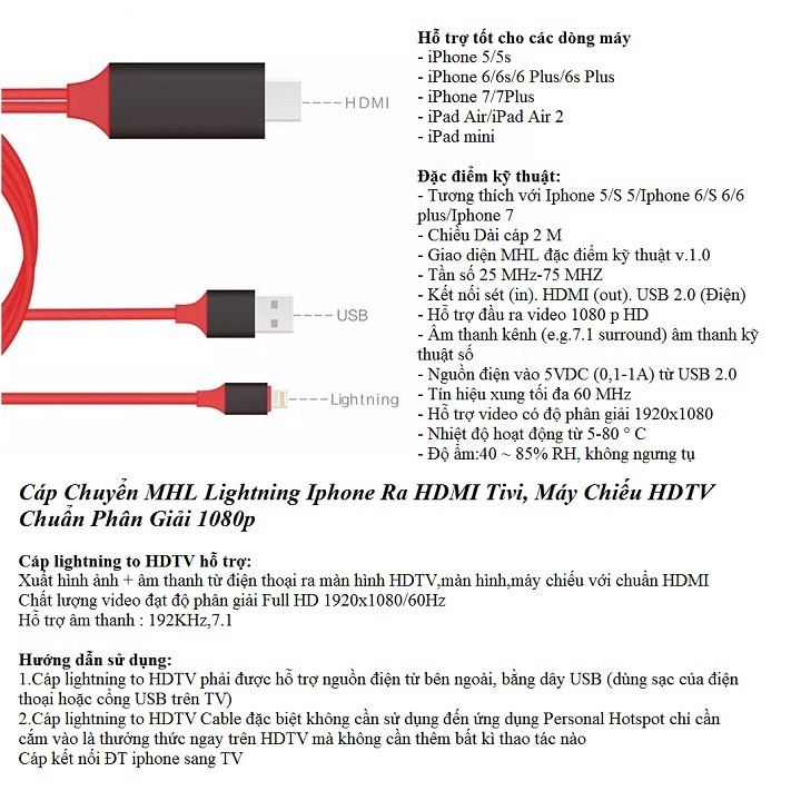 Bộ Cáp Chuyển MHL Lightning Iphone Ra Chui HDMI Tivi, Máy Chiếu HDTV Chuẩn Phân Giải 1080p