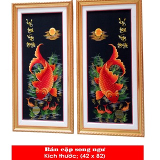 Tranh thêu cặp cá chép lý ngư vọng nguyệt