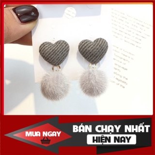Bông tai cục bông gòn trái tim xám dễ thương, đáng yêu [Hot Trend]