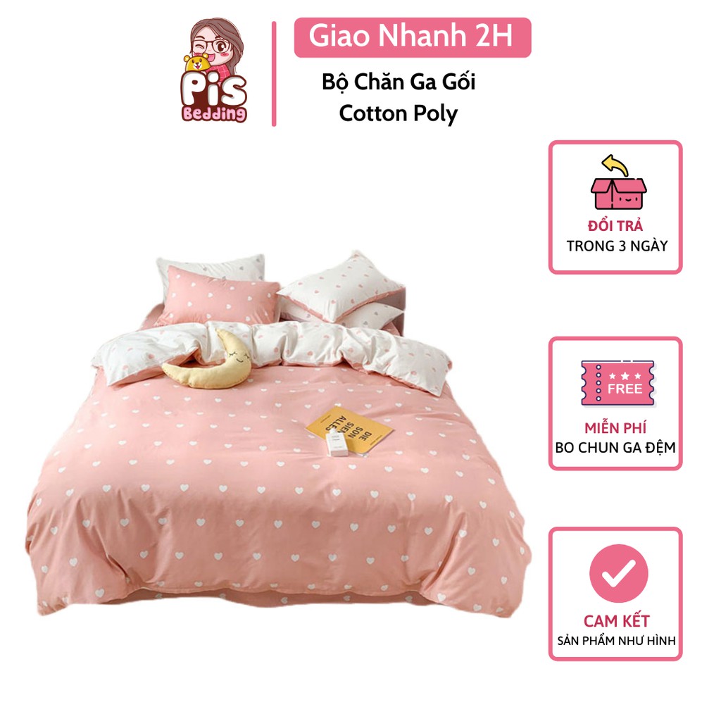 Bộ Chăn Ga Gối Cotton Poly Tim Trắng Phối Hồng