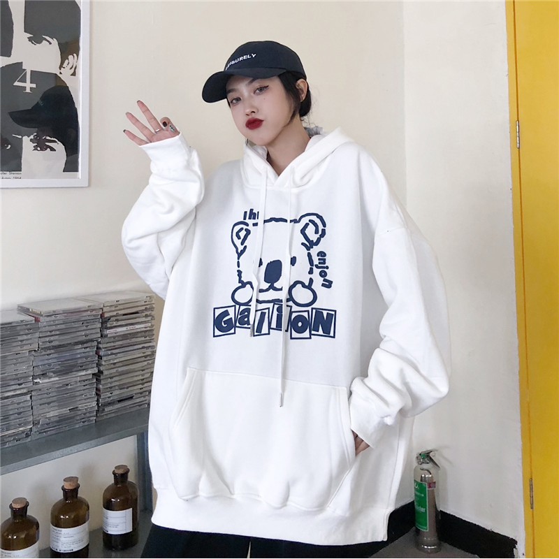 [Áo hoodie nữ form rộng]  Áo hoodie nữ form rộng dài oversize quảng châu vải nỉ in hình chất