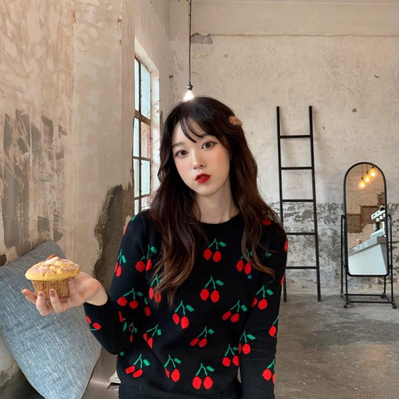 Women Autumn Knit Wool Clothing Cartoon Cherry Print Slim Long Sleeved Round Collar Slim Bottom Knit Sweater | BigBuy360 - bigbuy360.vn