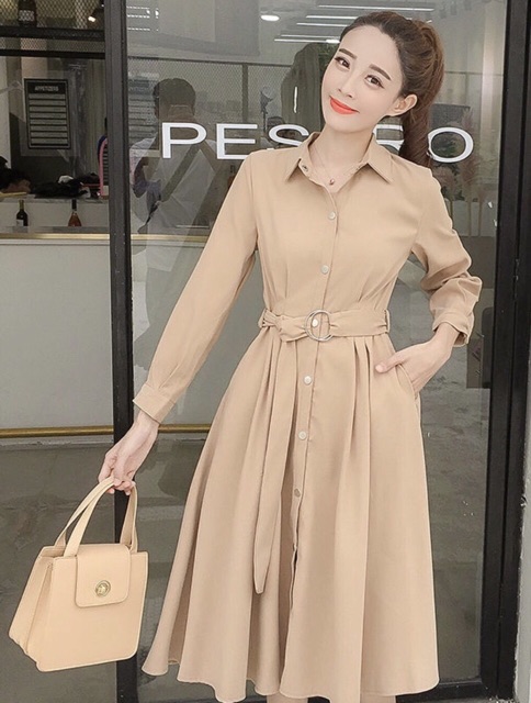 Đầm váy sơ mi kem tay dài kèm belt