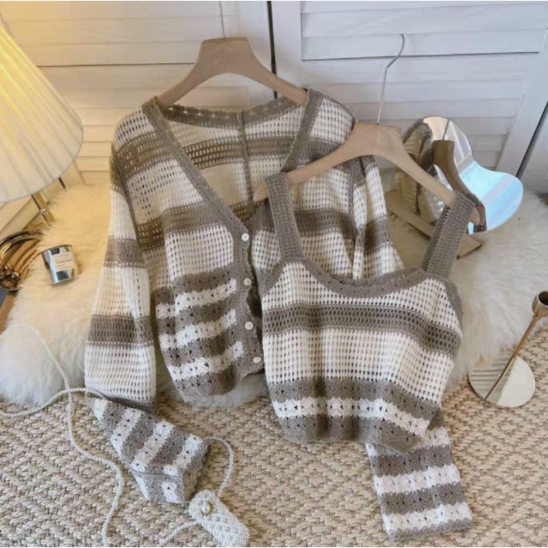 Sét áo len 2 dây kẻ+áo cadigan hàng QCL1