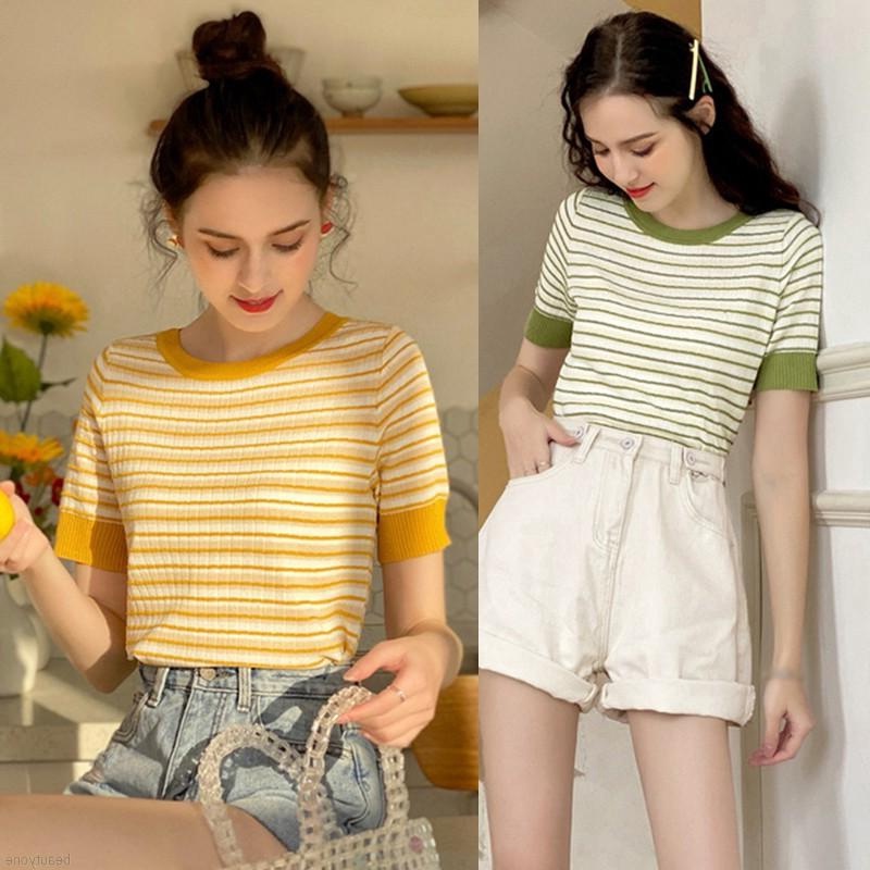 Áo Dệt Kim Tay Ngắn Hoạ Tiết Kẻ Sọc Phong Cách Hàn Quốc