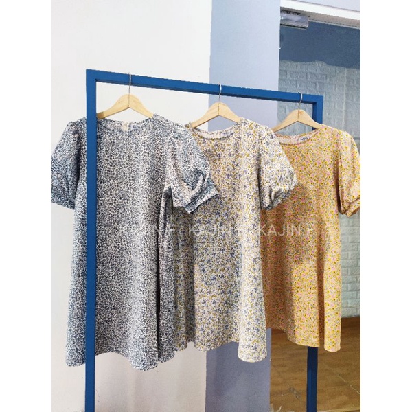 Đầm cotton tay phồng, form A, dây buộc eo