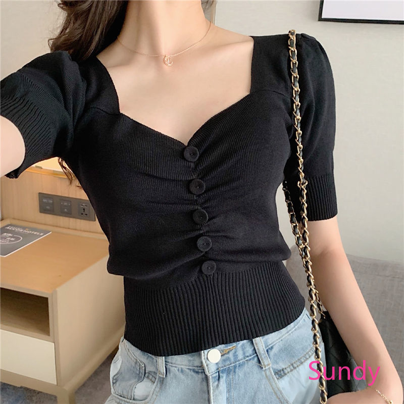 Áo Dệt Kim Ngắn Tay Cổ Chữ V Gợi Cảm Thời Trang Mùa Hè Cho Nữ