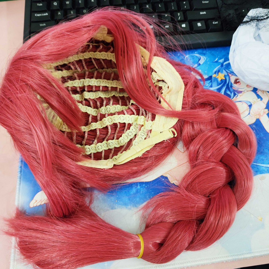 Tóc giả dài màu hồng bằng sợi tổng hợp dùng cho cosplay nhân vật anime