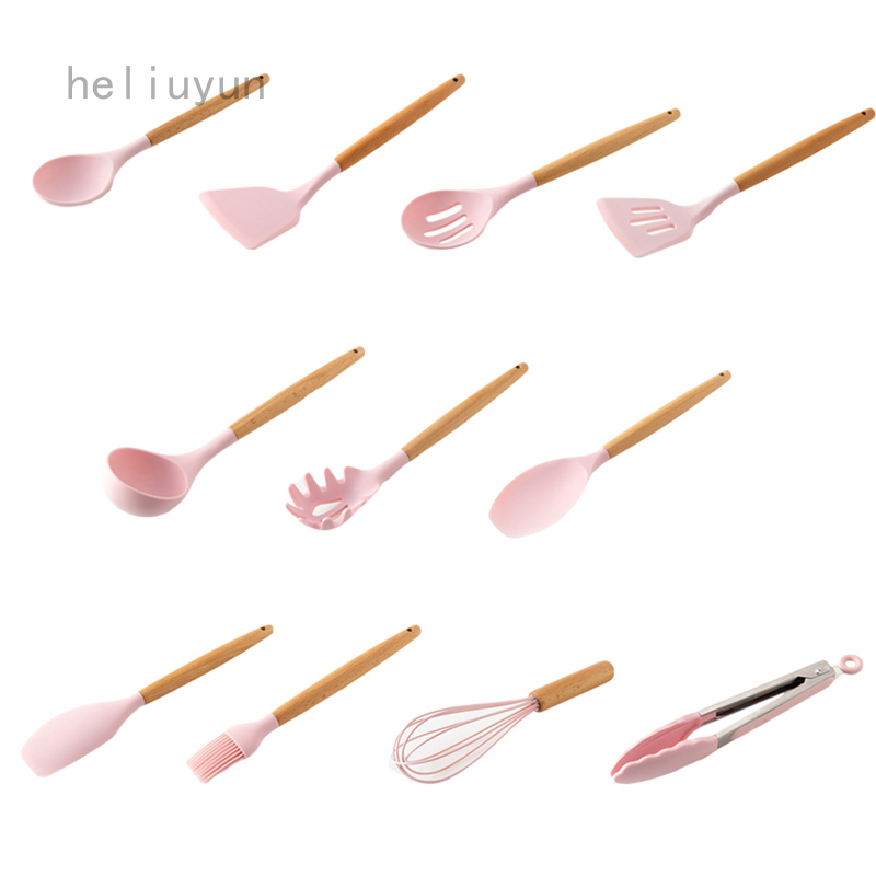 Set 11 dụng cụ nấu ăn bằng silicon có tay cầm bằng gỗ màu hồng tiện lợi dễ sử dụng