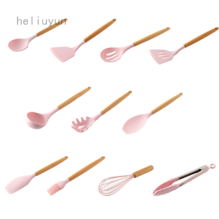 Set 11 dụng cụ nấu ăn bằng silicone cán gỗ màu hồng