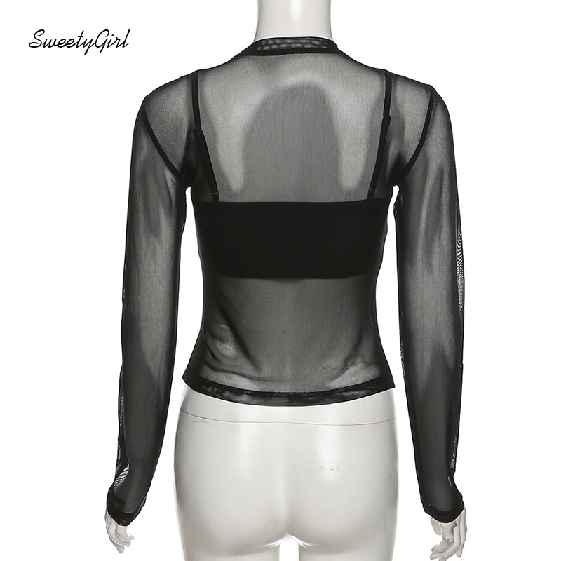 Áo Lưới Xuyên Thấu Dài Tay Cổ Tròn + Áo Hai Dây Màu Trơn Cho Nữ