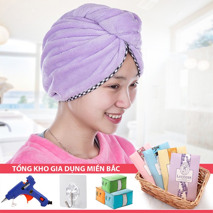 [Tổng Kho Sỉ] Khăn Lau Đầu Tự Rút Nước Siêu Tốc S1 - Khăn Quấn Khô Tóc, Ủ Tóc CÓ KHUY, Dài 67Cm, Hoạt Tiết Viền Caro