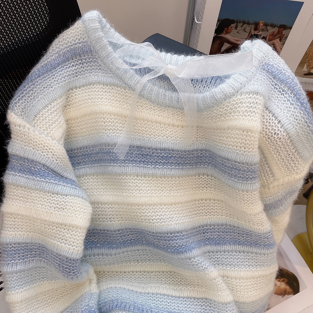 Cuộn Len Sáp Mềm Mại Họa Tiết Kẻ Sọc Màu Xanh Dương Dành Cho Nữ