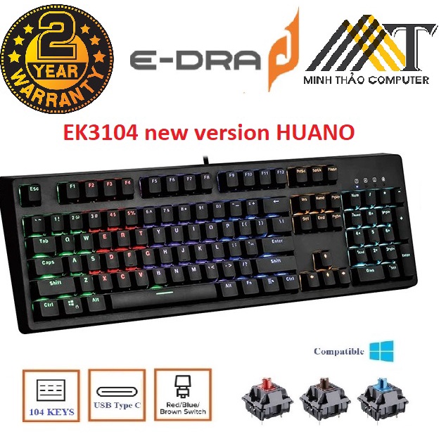 Bàn Phím Cơ E-DRA EK3104 Huano Switch - Led Rainbow - Dây Typ C - Phiên Bản Mới Nhất 2020 - Bảo Hành 2 Năm Chính Hãng
