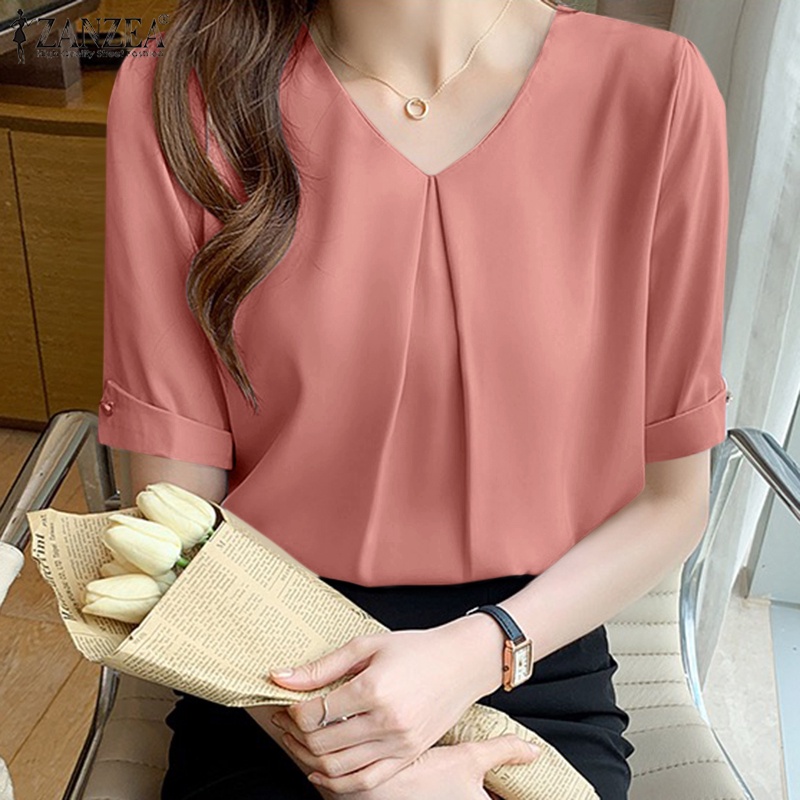Áo kiểu ZANZEA ngắn tay cổ chữ V màu trơn phong cách Hàn Quốc thời trang cho nữ
