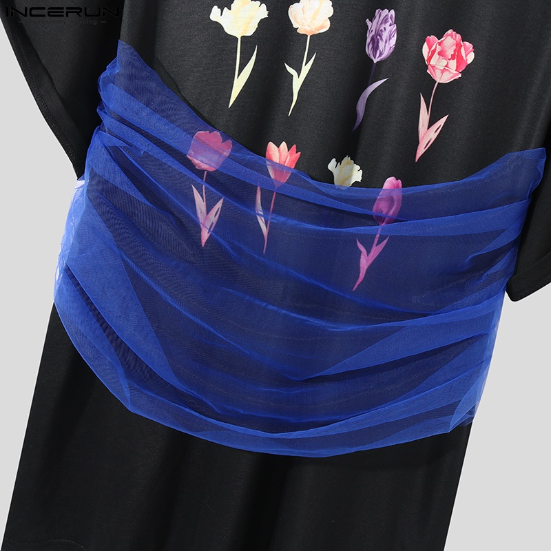 Áo thun INCERUN tay ngắn in họa tiết hoa phối lưới thời trang dành cho nam