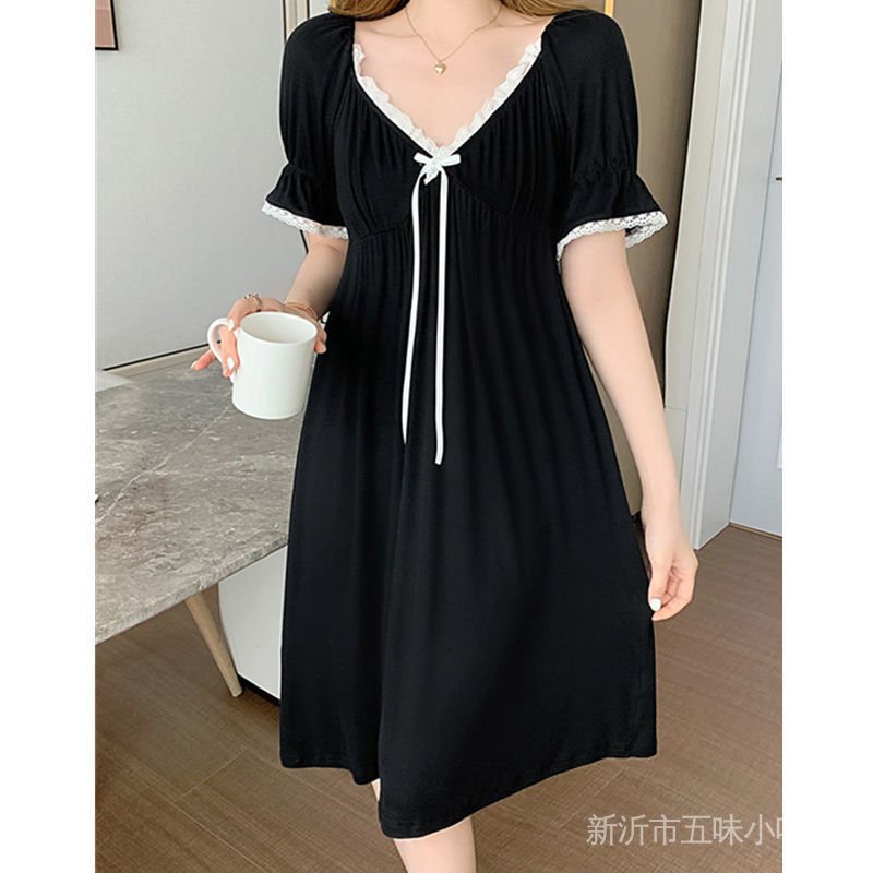 Đầm Ngủ Màu Đen Tay Ngắn Có Mút Ngực Phối Ren Quyến Rũ Thời Trang Cho Nữ