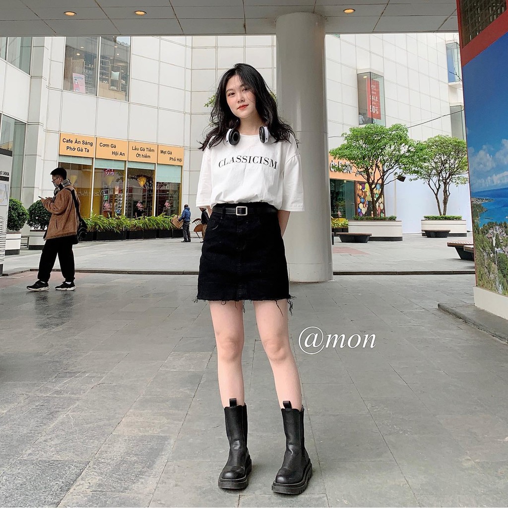 2101303 Chân váy bò ulzzang co giãn chất jeans mềm có lót trong màu đen trơn có size | BigBuy360 - bigbuy360.vn